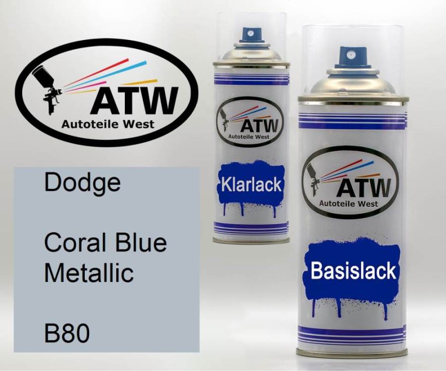 Dodge, Coral Blue Metallic, B80: 400ml Sprühdose + 400ml Klarlack - Set, von ATW Autoteile West.
